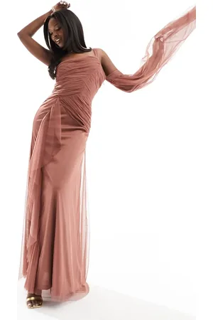 Lace & Beads Asymmetric tulle midaxi dress in rose