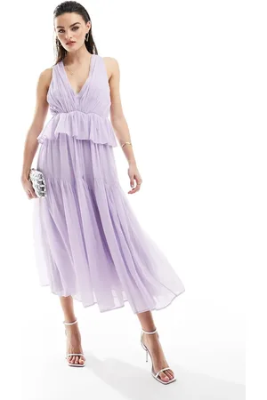 ASOS Plunge pleated tiered midi dress in dusky lilac
