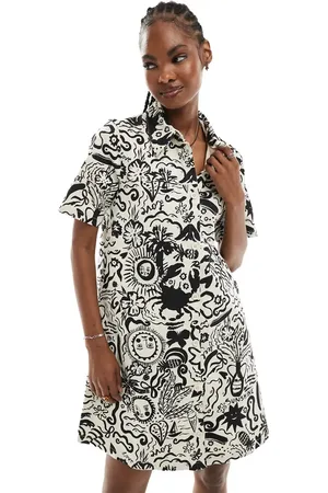 Monki Short sleeve button through collar mini shirt dress in mono summer print