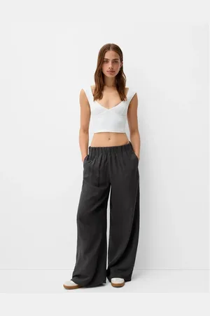 Bershka Pull on waist wide leg trousers in dark
