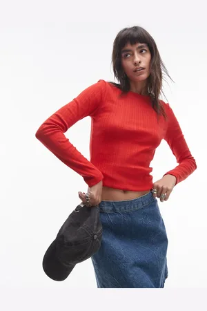 Topshop Picot trim pointelle long sleeve top in red