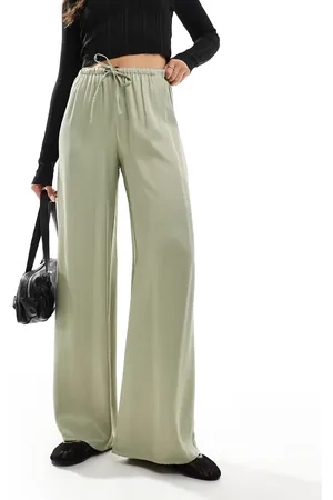 Pull&Bear Satin wide leg trousers in khaki