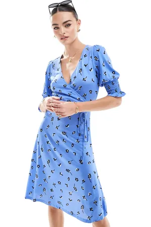 French Connection Floral print jersey wrap dress in blue