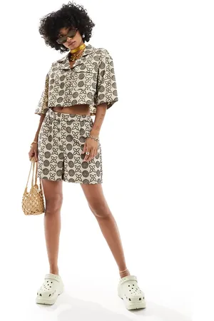 Native Youth Embroidered short co-ord in beige