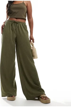 Pull&Bear Textured wide leg trousers in khaki