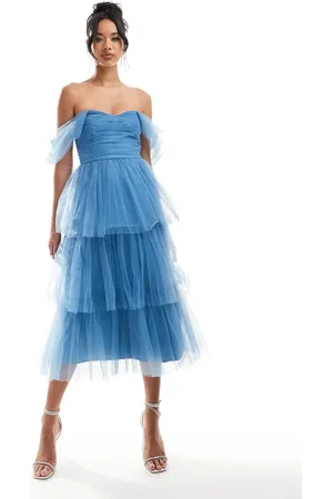 Lace & Beads Ruched tulle tiered midi dress in