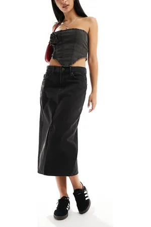 ONLY Denim midi skirt with front split in washed