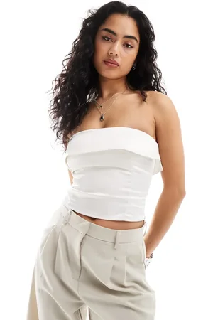 Bershka Satin fold over bandeau top in ecru