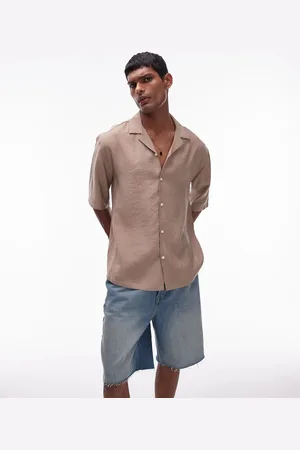 Topman Short sleeve relaxed satin shirt in camel