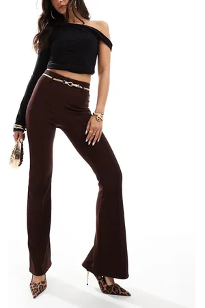 ASOS Rib slim flare trousers with back vent and gold belt in chocolate
