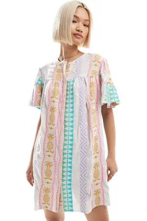 Native Youth Pineapple embroidered linen smock dress in