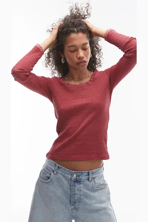 Topshop Lace pointelle long sleeve top in burgundy