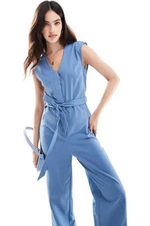 ASOS Sleeveless linen mix jumpsuit with waisted belt in blue
