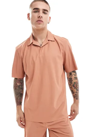 Only & Sons Plisse split neck polo co-ord in burnt