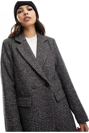 VILA Double breasted wool blazer coat in grey check