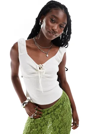 COLLUSION Cap sleeve tie front top in rib