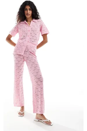 The Frolic Hibiscus crochet wide leg beach trouser co-ord in bubblegum