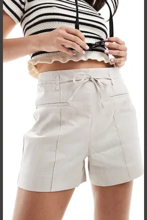 MANGO Linen mix tie waist shorts in beige