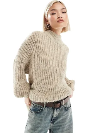 Monki High neck chunky rib knitted jumper with volume sleeve in beige