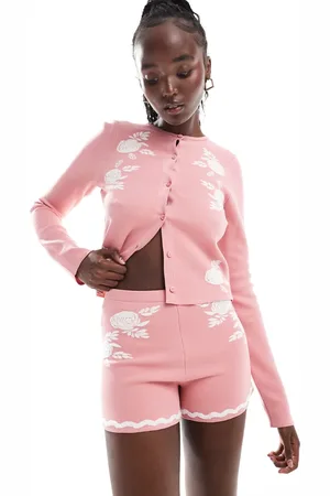 ASOS Knitted short with floral jacquard pattern co-ord in Dusty Pink