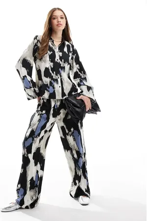 VILA Satin wide leg trouser co-ord in blue graphic print