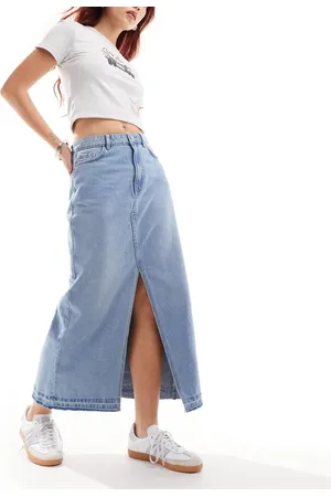JDY Split front denim maxi skirt in light wash