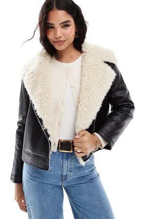 Stradivarius STR faux leather aviator jacket with faux fur detail in
