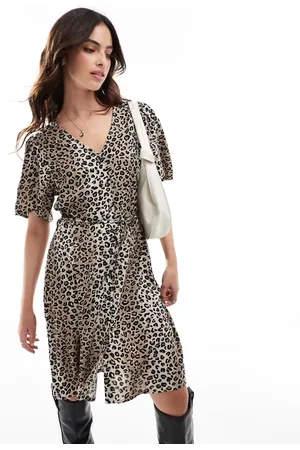VILA Buttondown tie waist midi dress in leopard print
