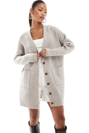 Aria Cove Knitted oversized cardigan mini jumper dress in stone