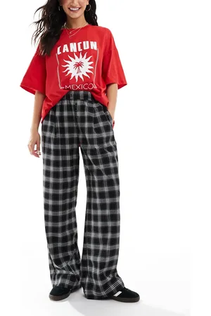 Bershka Tie waist wide leg trousers in check