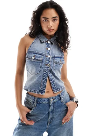 Bershka Denim halterneck waistcoat in vintage wash