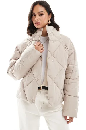 Miss Selfridge Oversized quilted funnel neck crop puffer jacket in mushroom