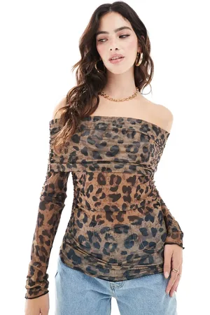 JJXX Off the shoulder mesh top in leopard print