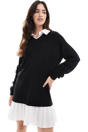 Threadbare Shirt detail jumper dress in and white