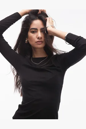 Topshop Premium sheer crew neck long sleeve top in black