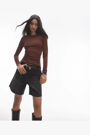 Topshop Premium sheer crew neck long sleeve top in burgundy