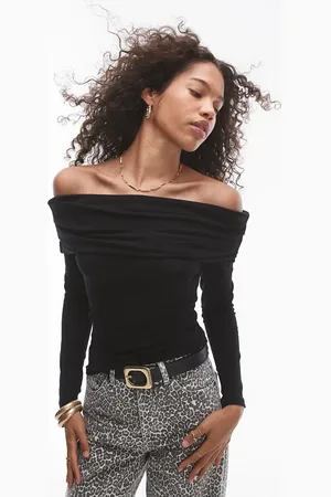 Topshop Premium rib long sleeve bardot in