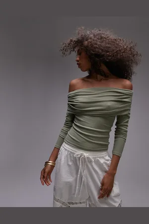 Topshop Premium rib long sleeve bardot in washed khaki