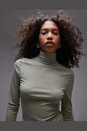 Topshop Premium sheer high neck long sleeve top in washed khaki