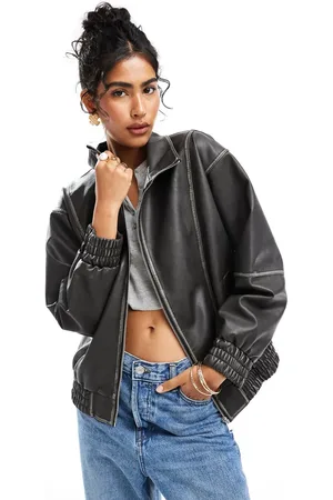 ASOS Funnel neck leather look bomber jacket in