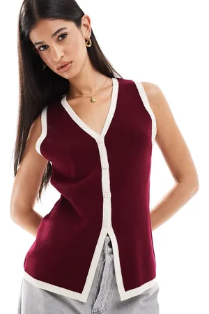 ASOS Knitted longline v waistcoat in burgundy