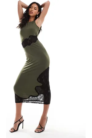 Rare Fashion London sleeveless midi dress with contrast lace in khaki