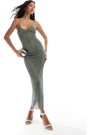 Rare Fashion London premium diamante cami midi dress in khaki