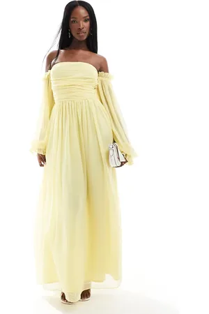 Lace & Beads Ruched balloon maxi dress in lemon