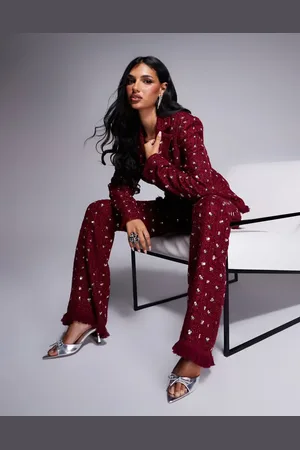 ASOS Embellished boucle kick flare trouser co-ord with faux feather hem in Burgundy