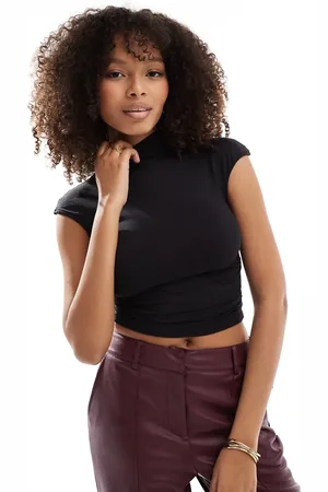 Bershka High neck polyamide ruched side top in