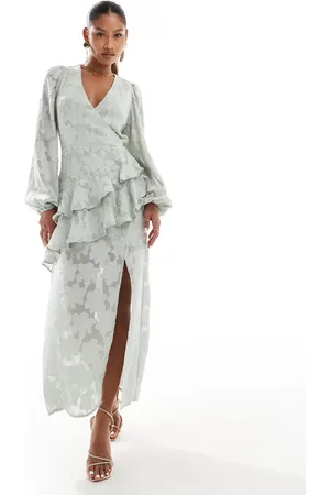 In The Style X Perrie Sian wrap asymmetric ruffle maxi dress in sage jacquard