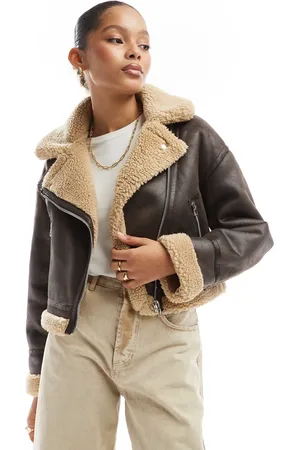 Bershka Contrast shearling jacket in brown & ecru