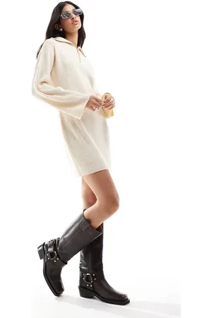 Threadbare High zip neck mini jumper dress in oatmeal
