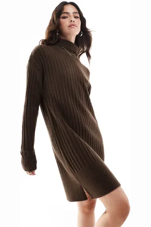 Threadbare Roll neck ribbed mini jumper dress in chocolate